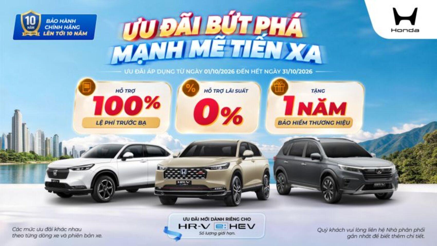 Honda Việt Nam ưu đãi 100% lệ phía trước bạ và lãi suất 0% cho những mẫu xe nào trong tháng 10/2026